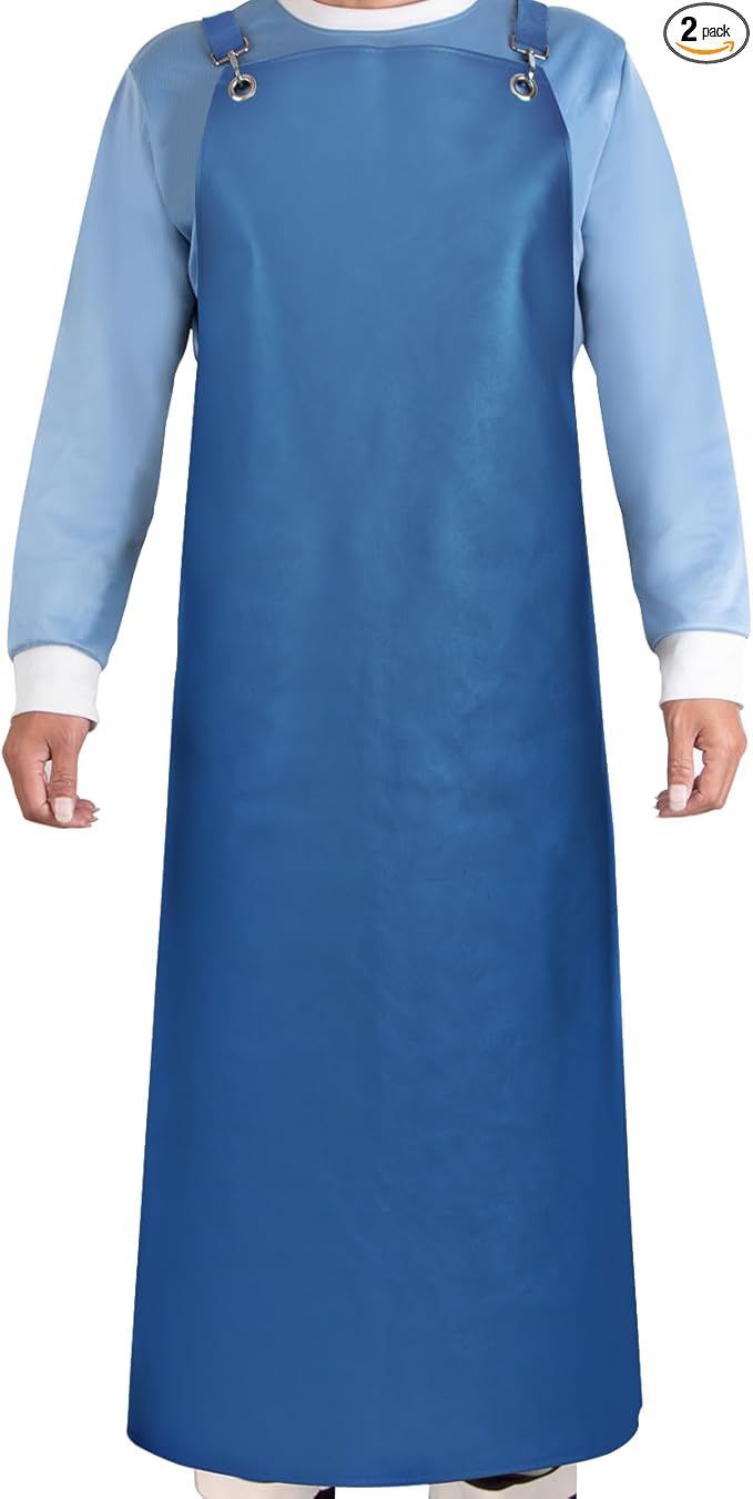 SHEOMERN 2 Pack Heavy Duty Vinyl Industrial Anti-Tear Apron, 43" x 26" Waterproof, Chemical Resistant, Blue, Unisex-Adults