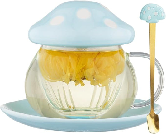 Mushroom Tea Cup Set, Cute Glass Tea Cups and Saucers, Kawaii Tea Cup with Infuser for Loose Leaf Tea Steeper, Coffee Mug Christmas Gifts for Women,Tea Infuser Mug with Lid for Mother Girls (Blue)