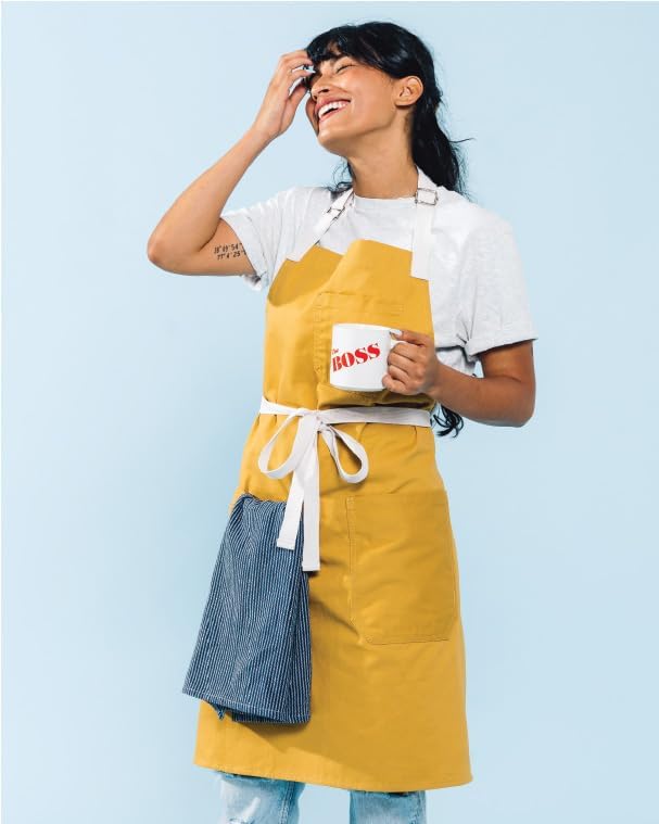 Caldo Daily Cotton Kitchen Apron for Cooking- Mens and Womens Professional Chef or Server Bib Apron - Adjustable Straps with Pockets and Towel Loop (Mustard) - Image 6