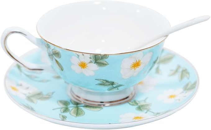 Bone China Tea Cup and Saucer Set with Spoon，Elegant Floral Tea Cup Set (7 oz)，British Coffee Latte Mug for Birthday Party Christmas gift for Friends