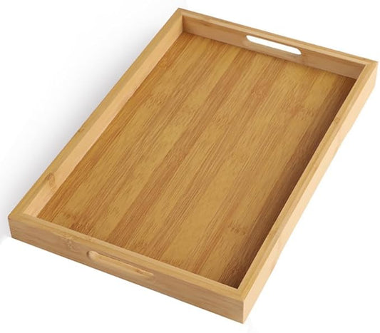 RT&BS Bamboo Tray, Bamboo Barbecue Tray with Handles, Bamboo Tea Trays, Basket Trays for Food, Drinks, Decor, Vanity in Kitchen, Dining Room, Restaurant, Bar, Cafés, Bathroom
