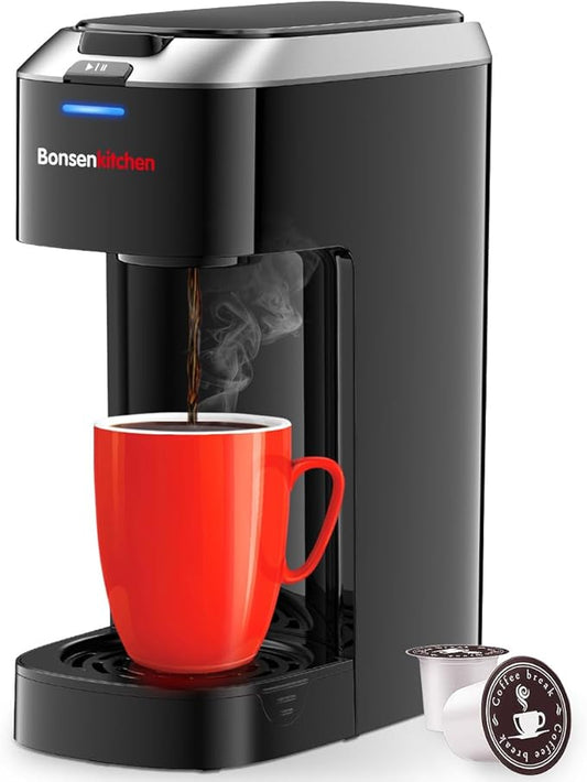 Bonsenkitchen Single Serve Coffee Maker K Cup Pod with 6-14oz Brew Size- 3 Min Fast Brewing Machine with Strength Control, BPA-free Materials, Fits 6.6" Travel Mugs, Silver, Upgrade