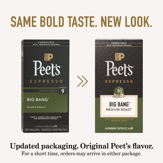 Peet's Coffee, Medium Roast Espresso Capsules, Compatible with Nespresso Original Machines, 100% Arabica Coffee - Big Bang, Intensity 9, 100 Count (10 Boxes of 10 Espresso Capsules)