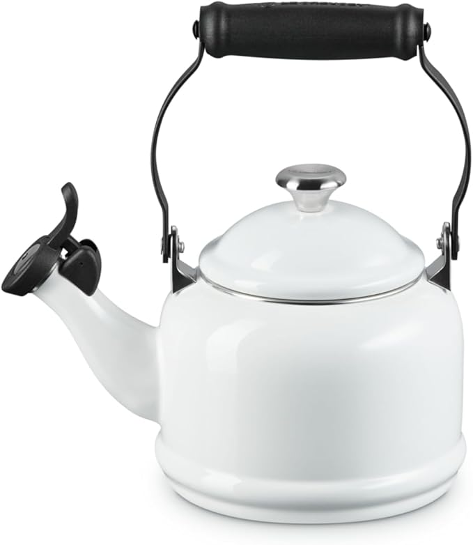 Le Creuset Enamel On Steel Demi Tea Kettle with Metal Finishes, 1.25 qt., White