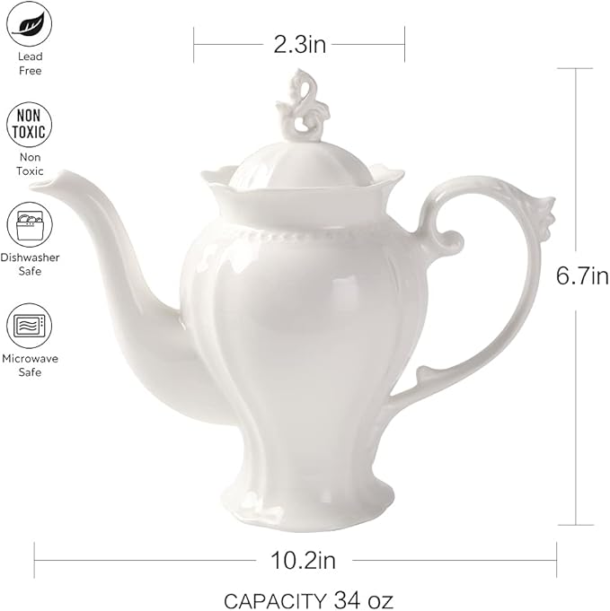 Fine Porcelain Ultra White English Teapot, Coffee Pot, Victoria Style, Light Weight, 37 Oz