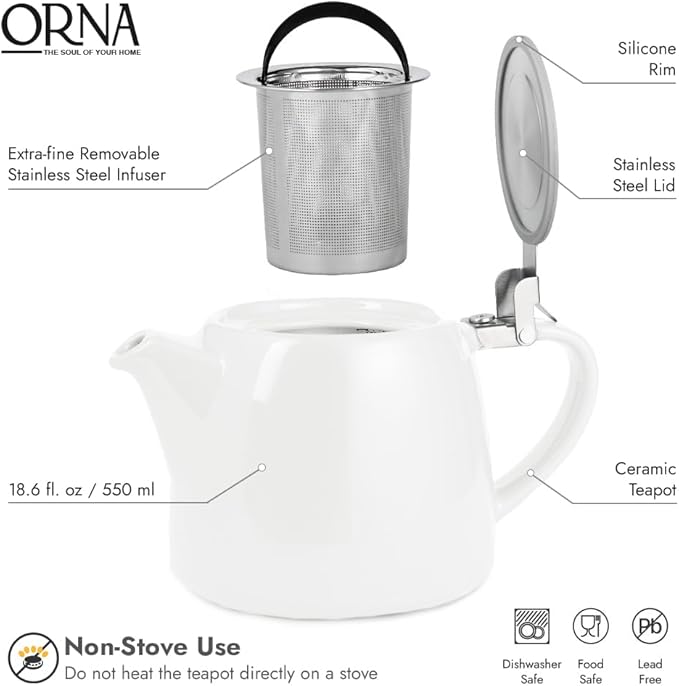 ORNA Ceramic Teapot with Tea Infuser – Small Tea Pot for Loose Leaf Tea – 550ml / 18.6 Oz Porcelain Non-Stove Teapot for 2 Cups with Tea Strainer (White)