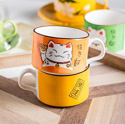 EatingBiting 5 Colors Handcraft Lucky Cat Maneki Neko Ceramic Tea Cups Mugs Dish Spoon 3PCs (orange)