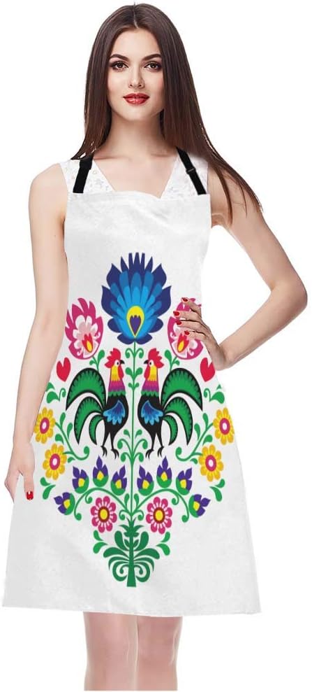 WONDERTIFY Roosters Apron,Polish Folk Pattern with Roosters and Floral Bib Apron with Adjustable Neck for Men Women,Suitable for Home Kitchen Cooking Waitress Chef Grill Bistro Baking BBQ Apron