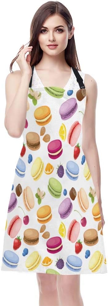 WONDERTIFY Macarons Apron,Colorful Macarons Cake and Various Fruits Bib Apron with Adjustable Neck for Men Women,Suitable for Home Kitchen Cooking Waitress Chef Grill Bistro Baking BBQ Cobbler Apron