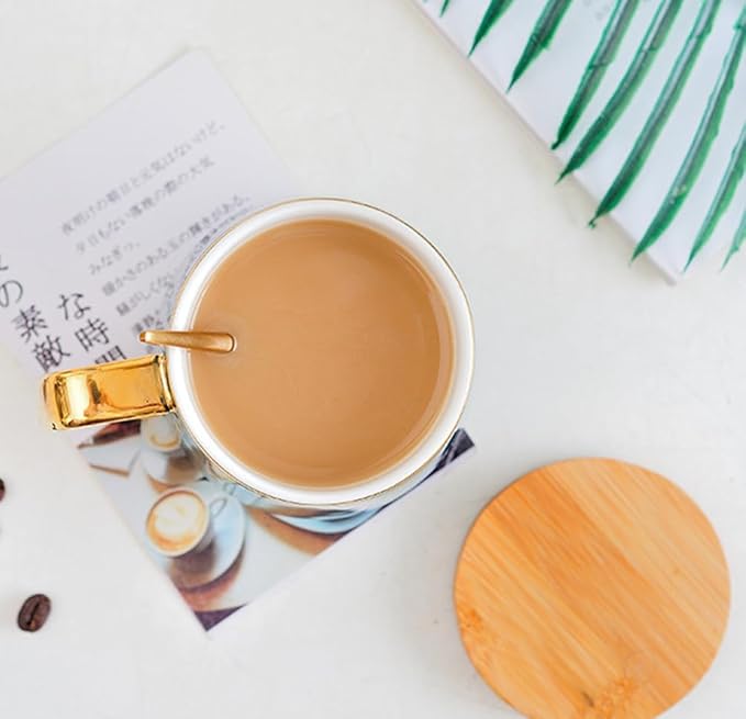 YBK Tech Porcelain Tea Cup Coffee Mug Set for Afternoon Tea - Marble Pattern (White, Tall 400ml + wood lid)