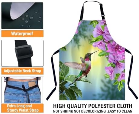 Hummingbird and Pink Flowers Waterproof Apron Kitchen Chef Aprons Bibs for Grooming Cooking Baking Painting Gardening - Image 3