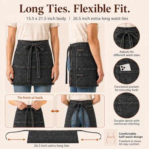 Denim Apron, Waist Apron with Pockets and Adjustable Long Ties - Image 3