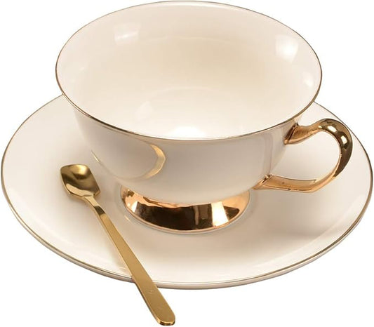 British Coffee Cup with Saucer and Spoon for Latte Americano Cups with Saucer Porcelain Tea Cups, Cups and Saucers with Gold platted rims and Handles