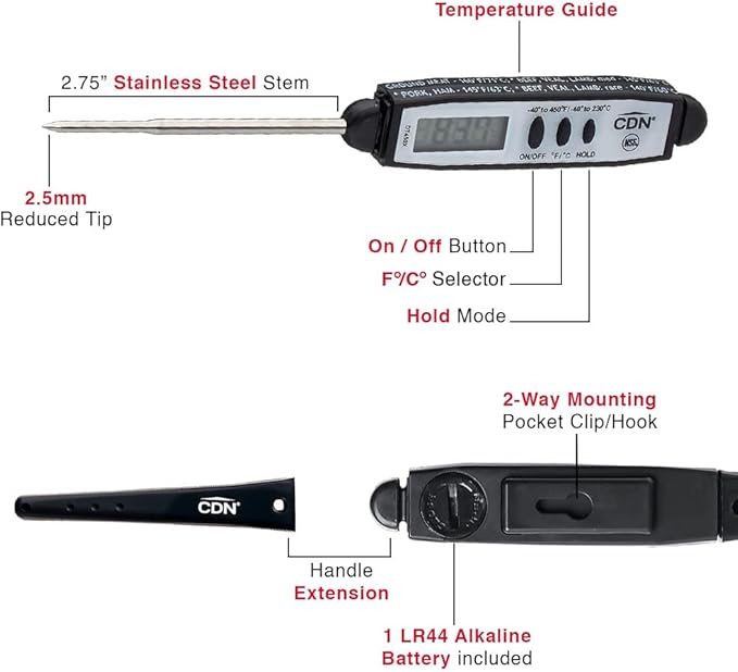 CDN Waterproof Digital Cooking Thermometer Instant Read 2.75" Stainless Shatterproof Ideal for Meat, Poultry, BBQ NSF Certified DT450X