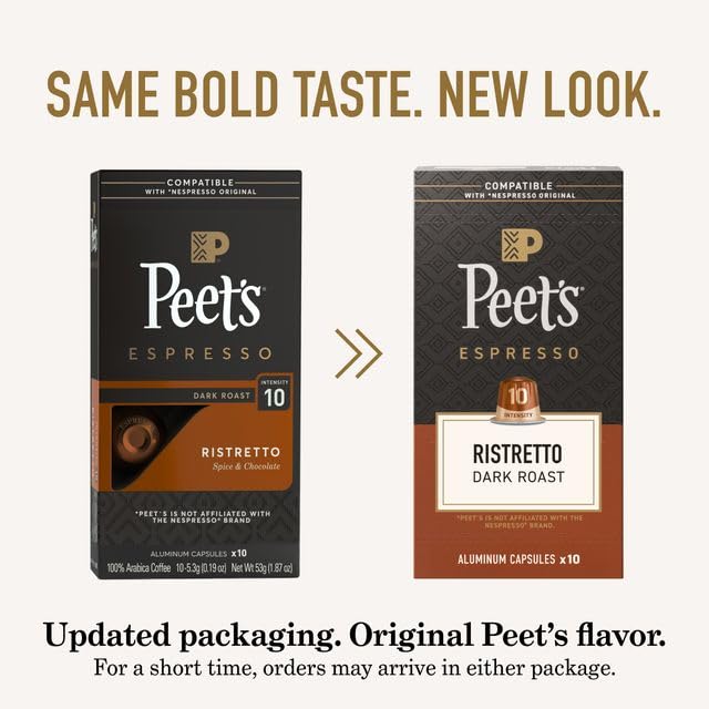 Peet's Coffee, Dark Roast Espresso Capsules, Compatible with Nespresso Original Machine, 100% Arabica Coffee - Ristretto Intensity 10, 100 Count (10 Boxes of 10 Espresso Capsules)