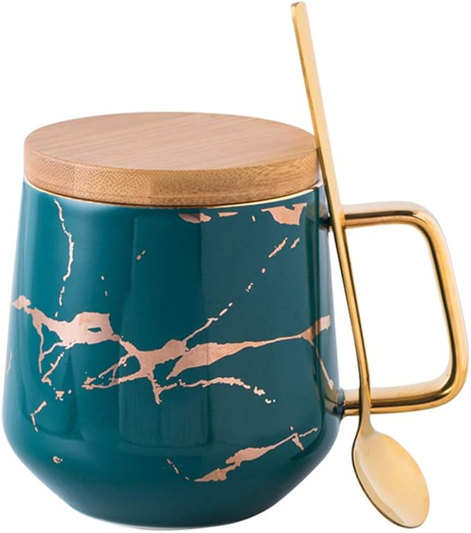 YBK Tech Porcelain Tea Cup Coffee Mug Set for Afternoon Tea - Marble Pattern (Green, Tall 400ml + wood lid)