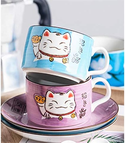 EatingBiting 5 Colors Handcraft Lucky Cat Maneki Neko Ceramic Tea Cups Mugs Dish Spoon 3PCs (purple)