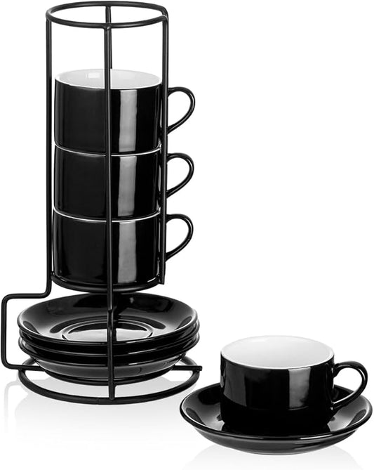 2.5oz Espresso Cups Set of 4, Porcelain Stackable Espresso Cups with Saucers and Metal Stand Set, Black Expresso Shots Cup Set