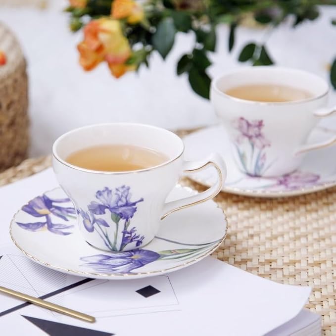 Bone China Tea Cup Set with Saucer and Spoon, 3 Piece, 7oz, Cappuccino and Latte Cups, Porcelain, British Style, Mother's Day Gift (Purple Iris)