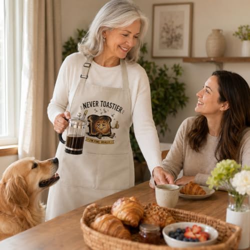 Never Toastier Funny Cooking Apron for Women Men, Kitchen Gift | Burnt toast artwork and a witty quote bring playful humor to cooking, baking, grilling, and everyday kitchen routines - Image 6