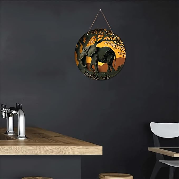 1pc 8x8in/20cm*20cm Round Wooden Hanging Sign, Imitation Hollow Painting Round Garland Sign Sign, Office Decor, Women's Gift Elephant Theme Decoration, Home Decor - Image 5