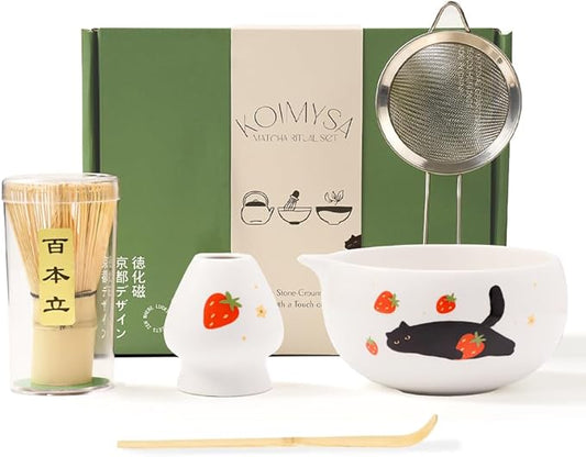 Cute Matcha Whisk Set with Cat and Strawberry Pattern Matt Matcha Bowl, 5PCS Traditional Bamboo Whisk Kit, Chasen and Chashaku, White