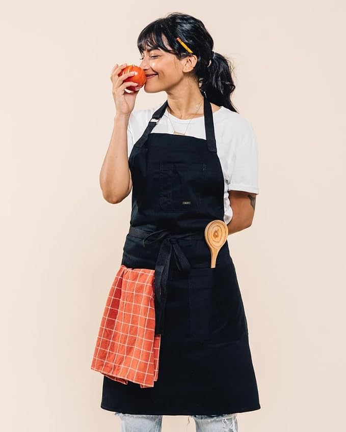 Caldo Daily Cotton Kitchen Apron for Cooking- Mens and Womens Professional Chef or Server Bib Apron - Adjustable Straps with Pockets and Towel Loop (Black) - Image 2