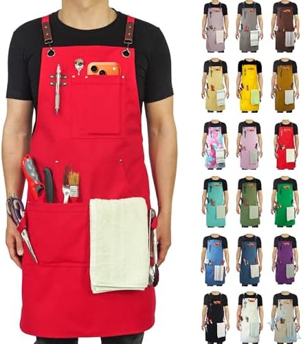 Kitchen Apron, Work Apron, Canvas, Multiple Pockets, Gardening, Painting, BBQ, Artist, Carpenter, Sizes M to XXL, Red | Multiple Pockets, Gardening, Painting, BBQ, Artist, Carpenter, Sizes M to XXL by Stenffy