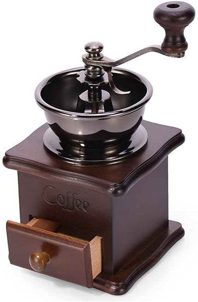 Wooden Manual Coffee Grinder Vintage Style Hand Coffee Mill Burr Coffee Grinder with Ceramic Hand Crank,Wooden Manual Coffee Grinder Cleaning Brush, Brown, 19 x 8.5 x 16 cm
