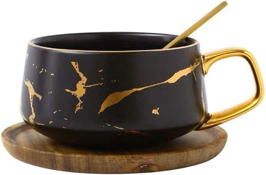 YBK Tech Porcelain Tea Cup Coffee Mug Set for Afternoon Tea - Marble Pattern (Black, Short 300ml + wood saucer)