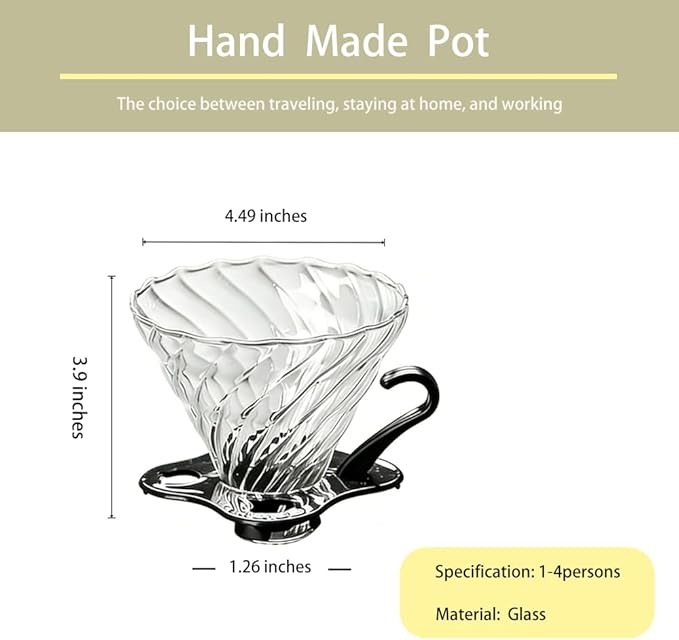 T-mark Glass coffee filter cup ，Slow Brewing Coffee Pour Over for Cafe, Home&Offices，Travel，Size02（1-4Cups）