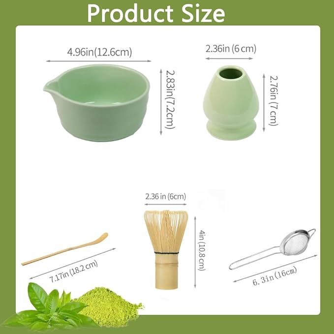 Matcha Whisk Set, Matcha Bamboo Whisk and Holder, Bamboo Scoop and Stainless Sifter, 5 Pcs Matcha Making Kit for Lover (Green)
