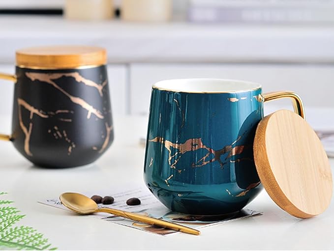 YBK Tech Porcelain Tea Cup Coffee Mug Set for Afternoon Tea - Marble Pattern (Green, Tall 400ml + wood lid)