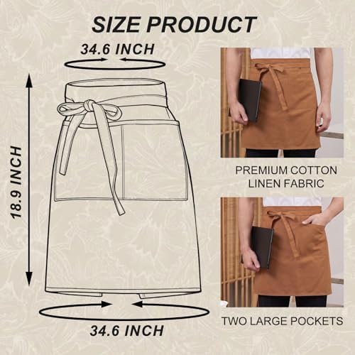 Half Apron for Women Men Cotton Linen with 2 Large Pockets Waist Short Bistro Server Aprons Waiter Waitress Unisex - Image 6