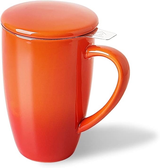 Sweejar Porcelain Tea Mug with Infuser and Lid,Teaware with Filter, Loose Leaf Tea Cup Steeper Maker, 16 Fl Oz for Tea/Coffee/Milk/Women/Office/Home/Gift (Gradient Orange)
