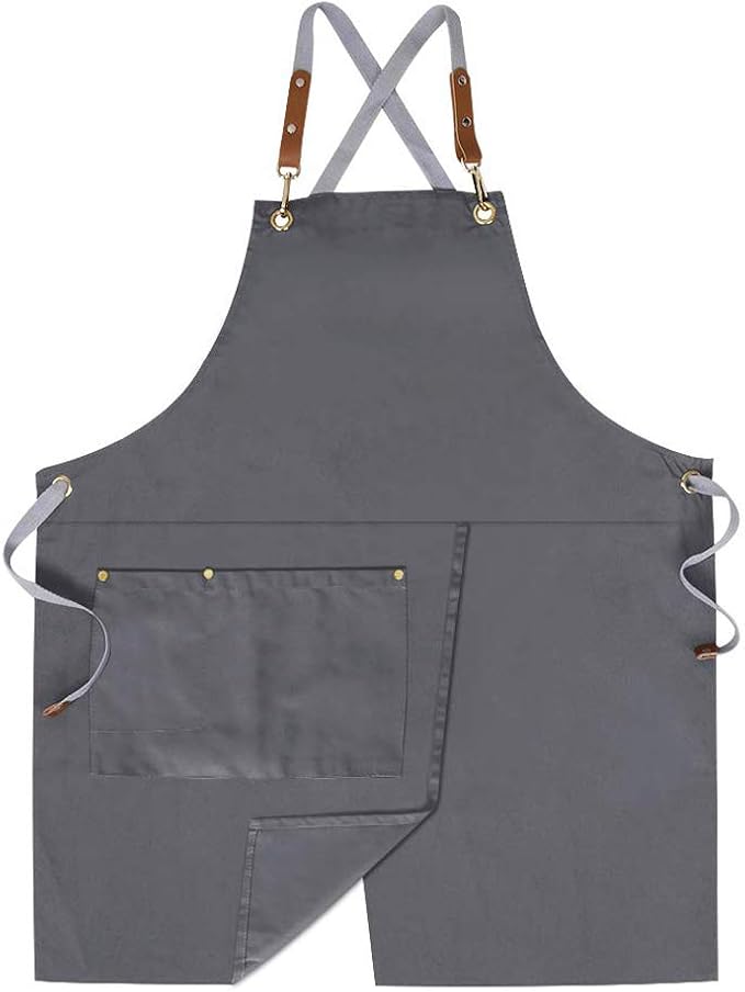 Crossback Apron with Pockets x2,Split Apron with Adjustable Straps,M-XXL | Pockets x2, Adjustable & Removable Straps, Canvas, Unique Split Apron for Ceramics, Home, Kitchen, Restaurant,M-XXL (Grey) by Mignongirl