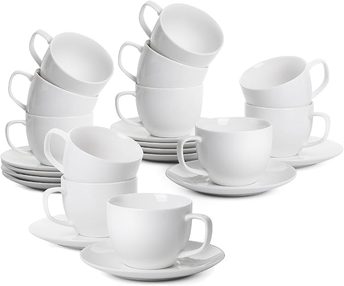 BTaT- Cappuccino Cups with Saucers 8 oz, Set of 12, White Porcelain Coffee Cup and Saucer Set for Latte, Mocha, Tea, Au Lait, Flat White, Dishwasher, Microwave, Freezer and Oven Safe