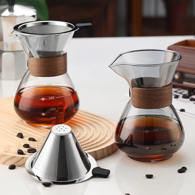 BeeCa Pour Over Coffee Maker Set, Single-Serve Coffee Essential, Reusable Double Stainless Steel Filter + Borosilicate Glass Carafe, Stylish Wood Collar, 2 Cup 400 ml/13.5 oz Portable & Easy Clean