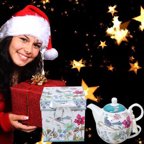 Lightahead Bone China Tea for One Set in Blue Bird Design, in attractive Reusable Handmade Gift Box (With Ribbon), Blue