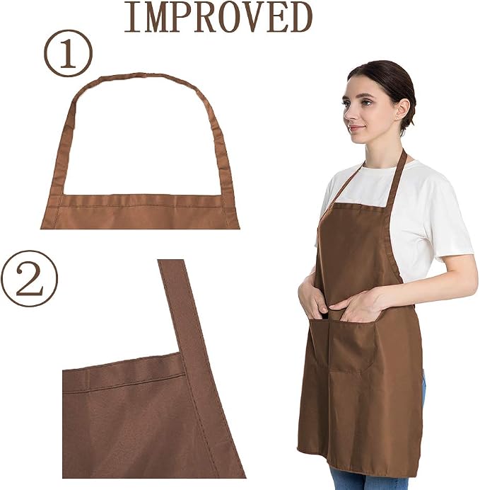 Total 6PCS Brown Bib Apron Adult with 2 Pockets for Women Men Chef Cooking Kitchen (6, Brown) - Image 2
