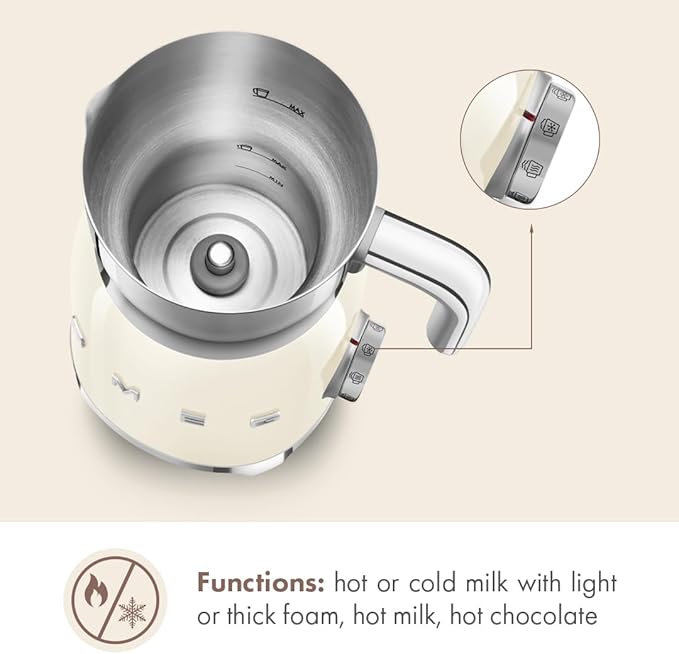 SMEG Retro 50's Style Milk Frother with 2 Disks 6 Preset Programs Hot or Cold Frothing and Induction Heating (Cream)