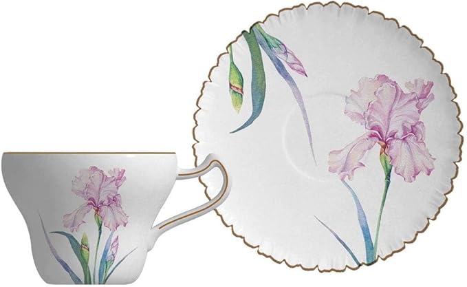 Bone China Tea Cup Set with Saucer Spoon - 3 Piece Set (7oz) Cappuccino & Latte Cups, Porcelain British Style, Mother's Day Gift (Pink Iris)