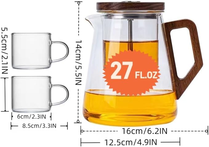 Heat - Resistant Glass Teapot Set with 6 Cups, Press - Type Removable Tea Infuser for Easy Brew & Separation, 800ML/27oz