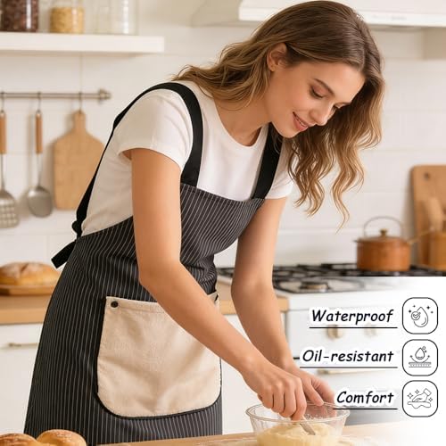 Chef Apron Bib Apron with 2 Large Pockets Adjustable Neck Strap Kitchen Apron Cooking Apron Stripes Baking Apron - Image 5