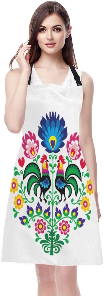 WONDERTIFY Roosters Apron,Polish Folk Pattern with Roosters and Floral Bib Apron with Adjustable Neck for Men Women,Suitable for Home Kitchen Cooking Waitress Chef Grill Bistro Baking BBQ Apron