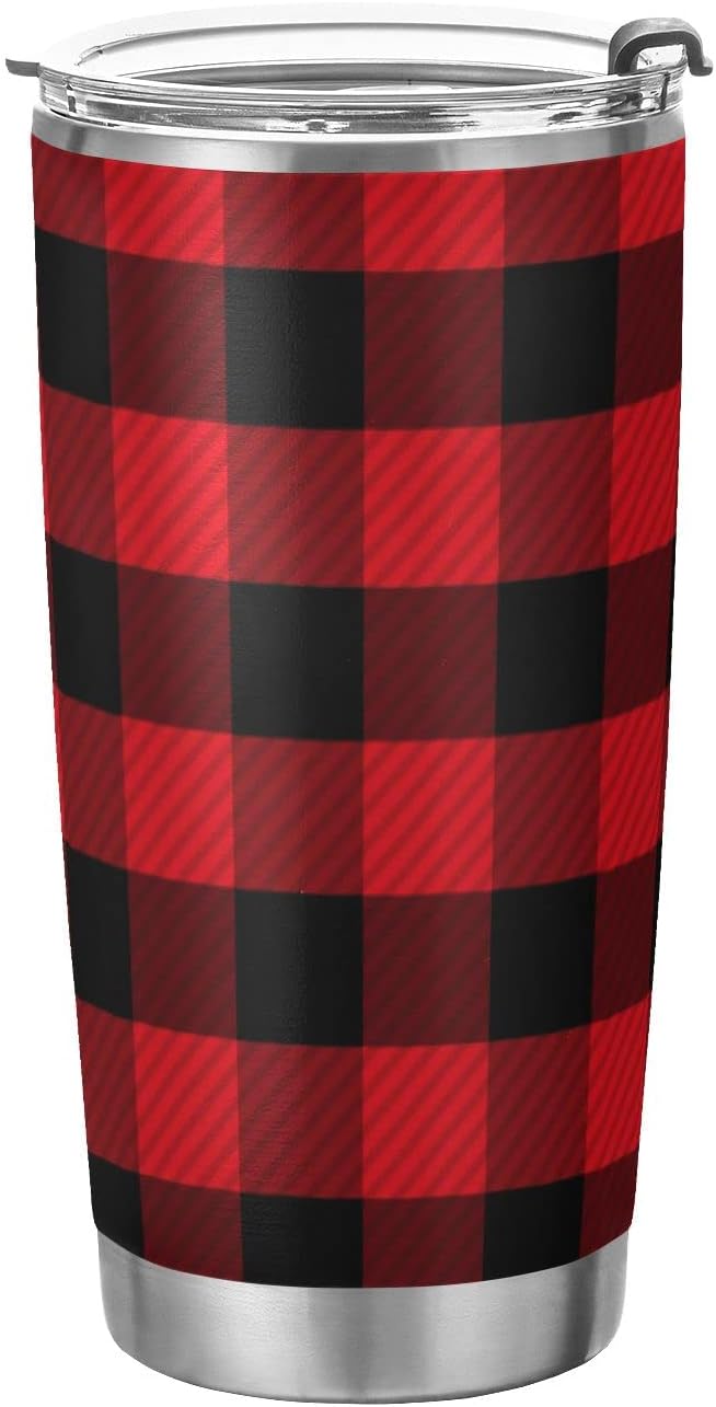 Tumbler Tartan Checker Plaid Red Black Insulated Office Coffee Cup Back to School Beverage Container Travel Mug with Straw and Lid Double Wall Stainless Steel 20oz