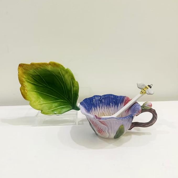 Ceramic Pansy Coffee Cup and Saucer Set with Spoon，6OZ 3D Hand-Painted Flower Tea Mug，Gift for Women (Pinkish Purple)