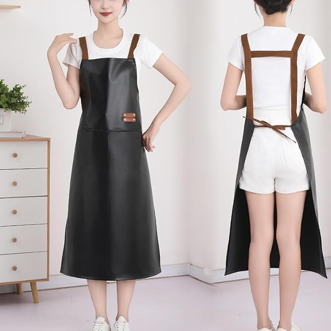 Waterproof Apron Large Pocket PU Material Waterproof Oil-proof Dust-proof Apron Black and Red - Image 2