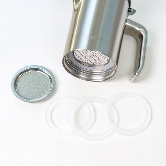 wedrink 1 Filter and 3 Silicone Gasket Seals Replacement for Stainless Steel Moka Pot and Stovetop Espresso Coffee Maker(6 Cup)