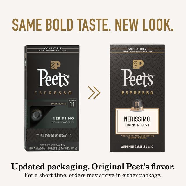 Peet's Coffee, Dark Roast Espresso Capsules, Compatible with Nespresso Original Machine, 100% Arabica Coffee - Nerissimo Intensity 11, 100 Count (10 Boxes of 10 Espresso Capsules)